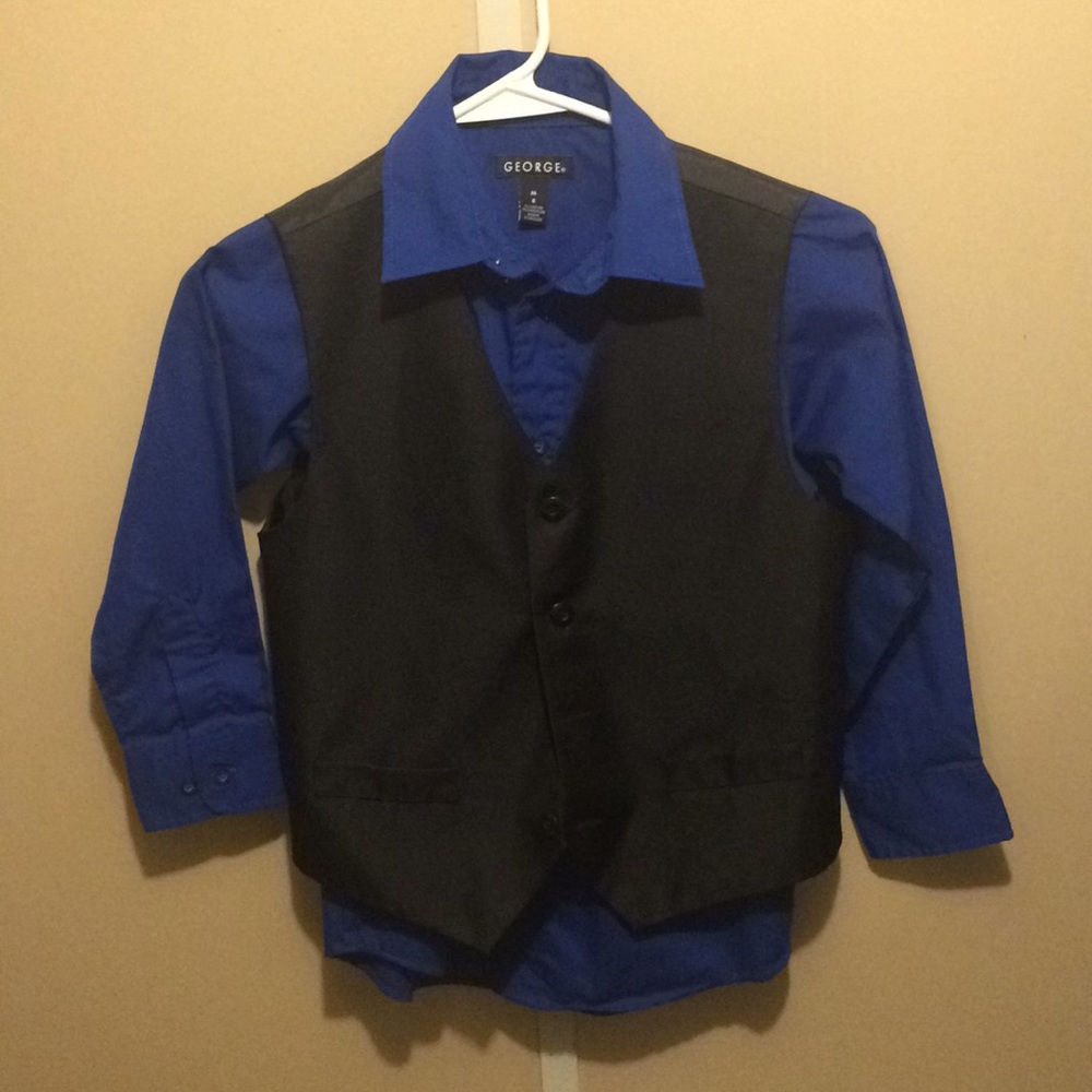 Boys blue dress shirt w/ black satin vest.